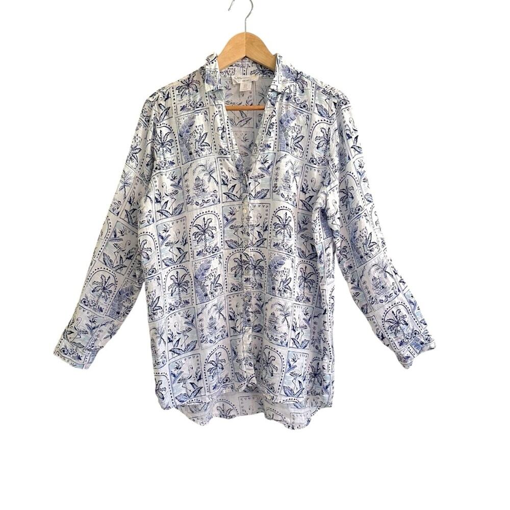 C&C California Linen V Neck Shirt Sz Medium Flamingo Jaguar Palm Tree SPOT